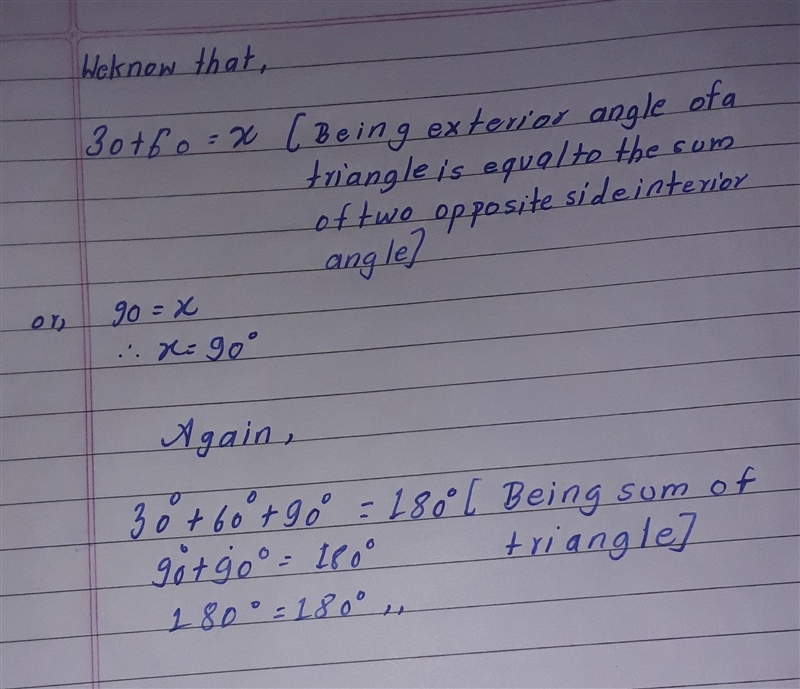 Find the measure of the exterior angle, x. 60° 30° X x = [?]° X-example-1