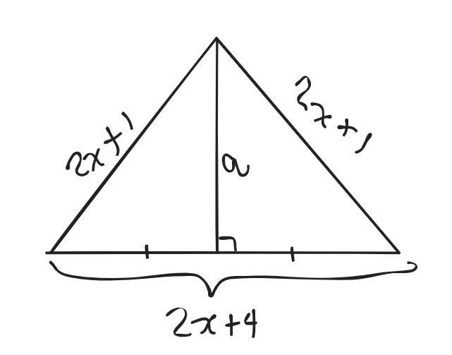 The sides of an isosceles triangle are (2x + 1), (2x + 1) and (2x + 4). Treating the-example-1