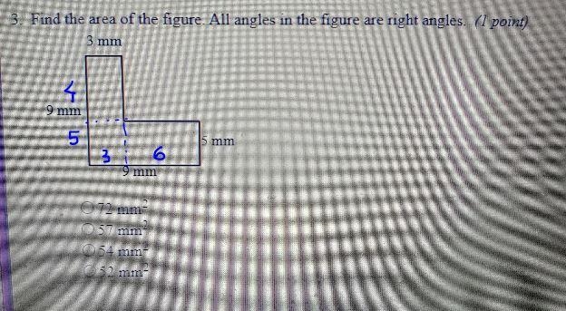 3. Find the area of the figure. All angles in the fig are right angles3 mm 9 mm 5 mm-example-1