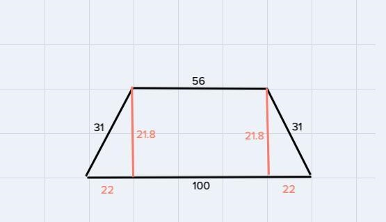 Find the height of the trapezoid.Base1: 100Base2: 56Leg1: 31Leg2: 31 Please help!!-example-1