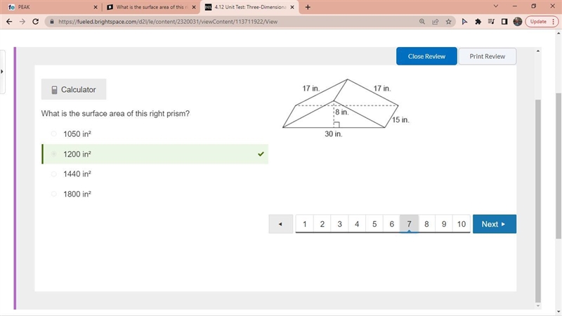 What is the surface area of this right prism? 1050 in² 1200 in² 1440 in² 1800 in²-example-1