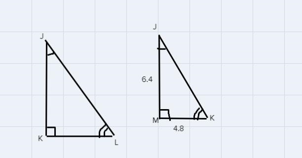 Altidude km is drawn to the hypotenuse of right traingle jkl if km=4.8 and jm =6.4 find-example-2