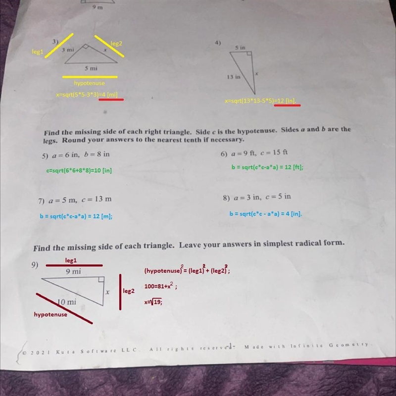 Homework: 4.2 Apply Pythagorean Theorem Date Find the missing side of each triangle-example-1