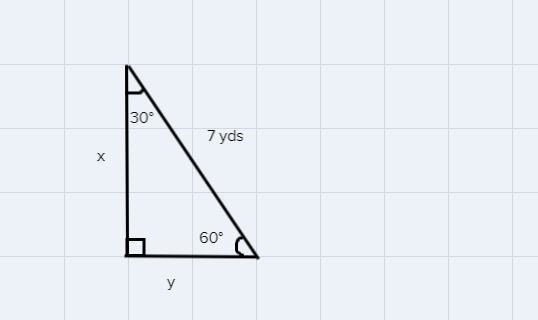 . In a 30°-60-90° triangle, the hypotenuse is 7 yards long.Find the exact lengths-example-1