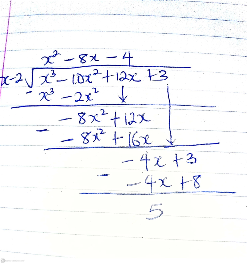 Use synthetic division to find the quotient and remainder when x^3-10x^2+12x+3 is-example-2