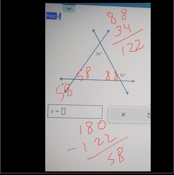 Find x. Finding an angle measure given extended triangles.-example-1