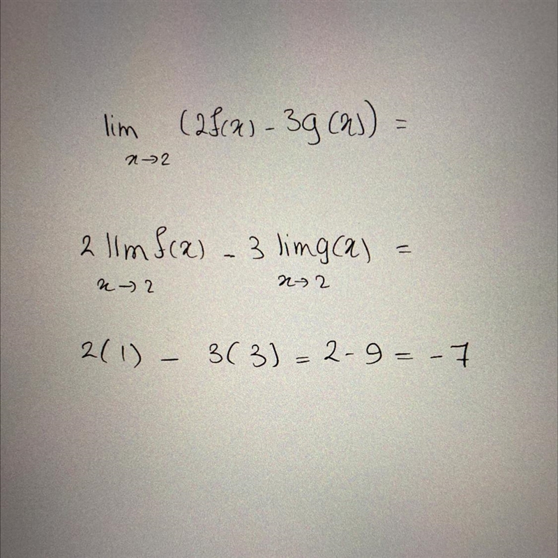 The table shows values for f and g. What is lim_(x-2) (2f(x)-3g(x))? \left[\begin-example-1