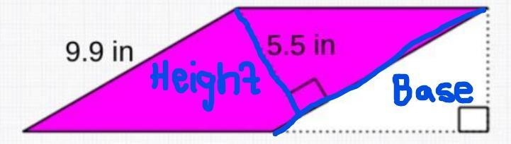 Find the area of the parallelogram 9.9in 5.5in-example-1