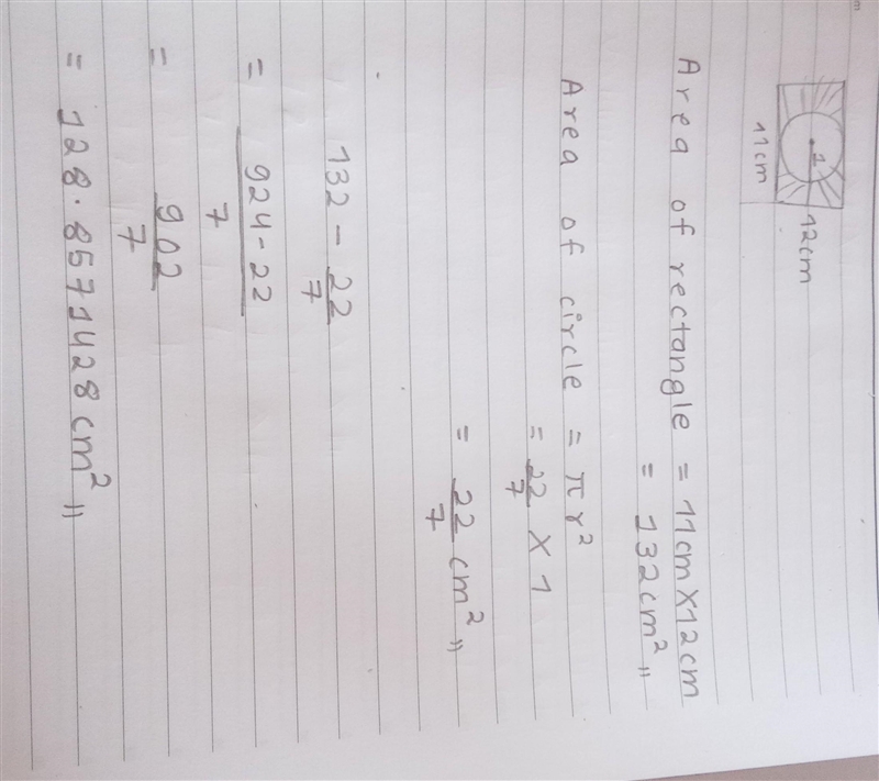 A circle with radius of 1 cm sits inside a 11 cm x 12 cm rectangle. What is the area-example-1