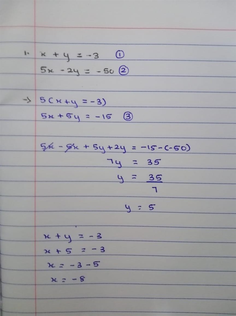 X+y=-3 5x-2y=-50 what is the answer-example-1