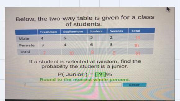 Below, the two-way table is given for a classof students.FreshmenSophomoreJuniors-example-1