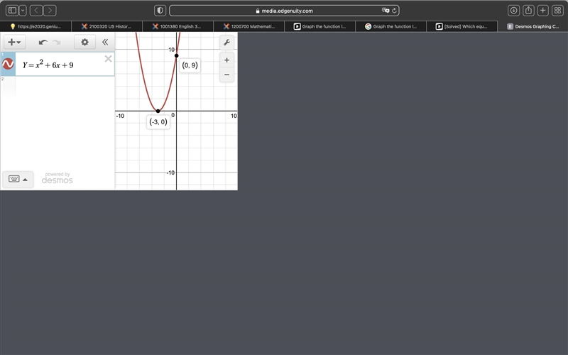 Graph the function label the vertex and the axis of symmetry Y= x^2 + 6x + 9 HELP-example-1