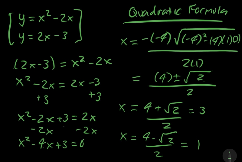 Solve x and y in equations y=x²-2x and y=2x-3 using simultaneous equations​-example-1