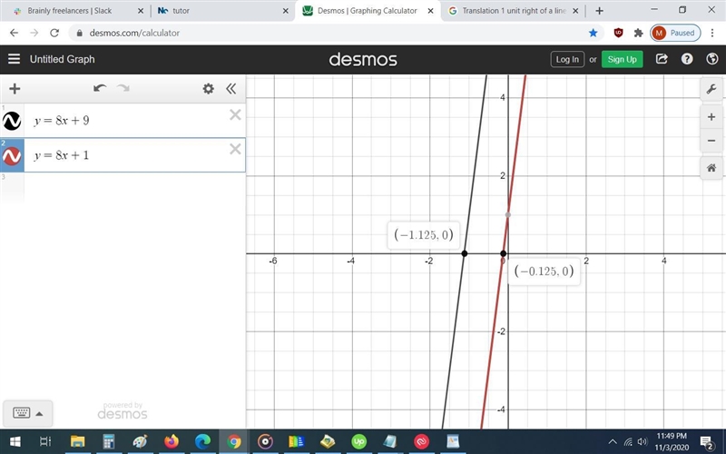 Translation 1 unit right of f(x)=8x+9, is it f(x)=8x+10-example-1