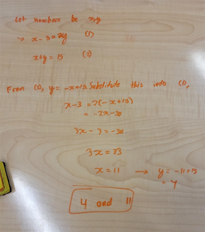 One number is 3 more than 2 times another. The sum of the numbers is 15 . Find the-example-1