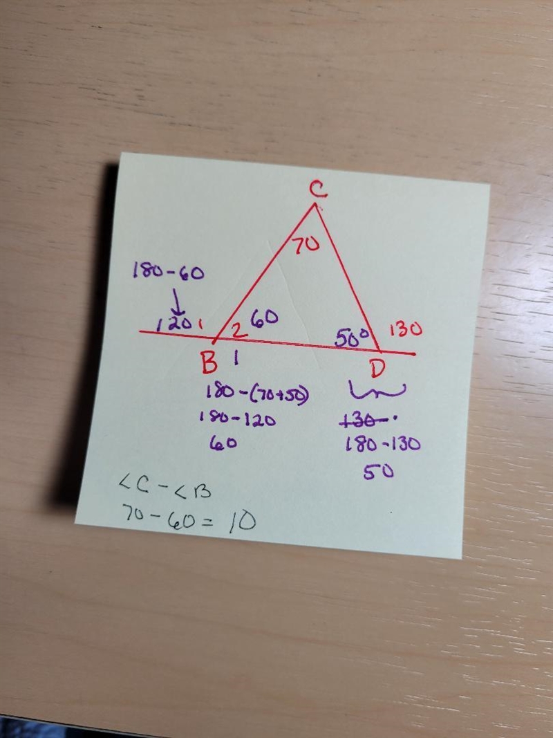 Which of the following is true? Triangle B C D. The exterior angle at B is labeled-example-1