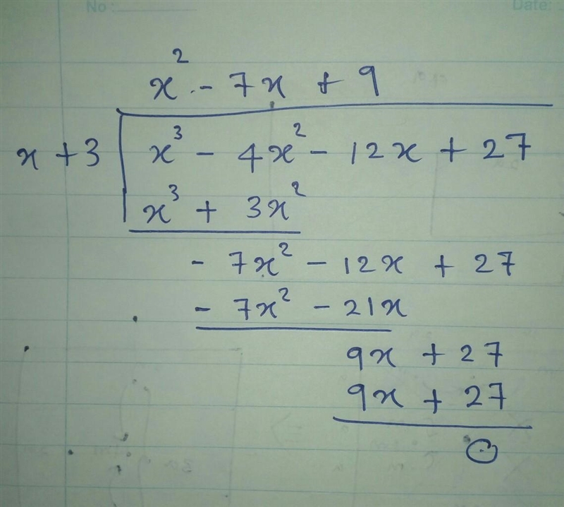 What is x^3 - 4x^2 - 12x+27 divided by x+ 3?-example-1