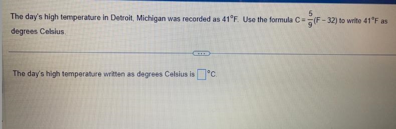 The days high temperature in Detroit , Michigan was recorded as 41 degrees F . Use-example-1