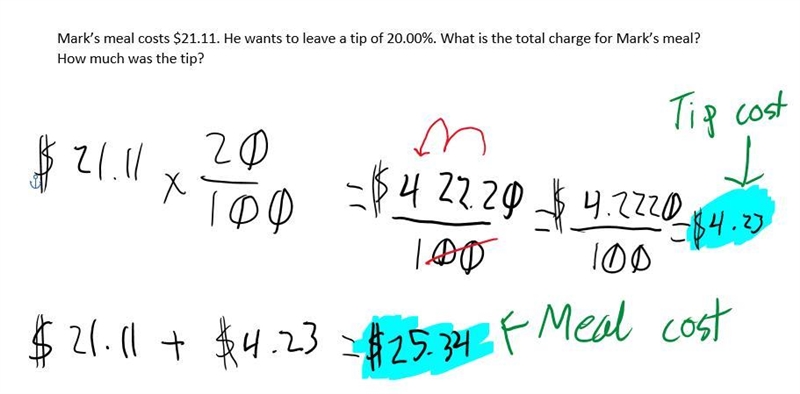 Mark’s meal costs $21.11. He wants to leave a tip of 20.00%. What is the total charge-example-1