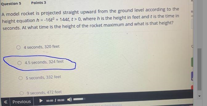 Question 5Points 3A model rocket is projected straight upward from the ground level-example-1