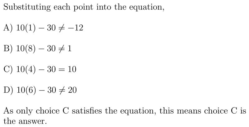 Which of the following ordered pairs make this equation true? y = 10x - 30 A. (1, -12) og-example-1