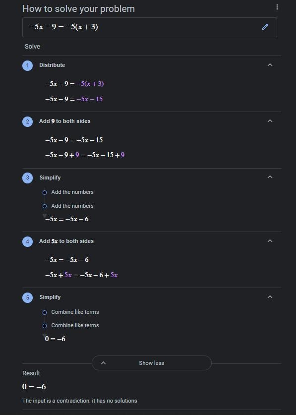 Solve: -5x - 9 = -5(x + 3)-example-1