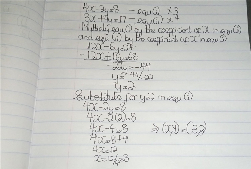 Solve the system of equations. 4x - 2y = 8 3x + 4y = 17 A. (2, 0) B. (7, -1) C. (3, 2) D-example-1