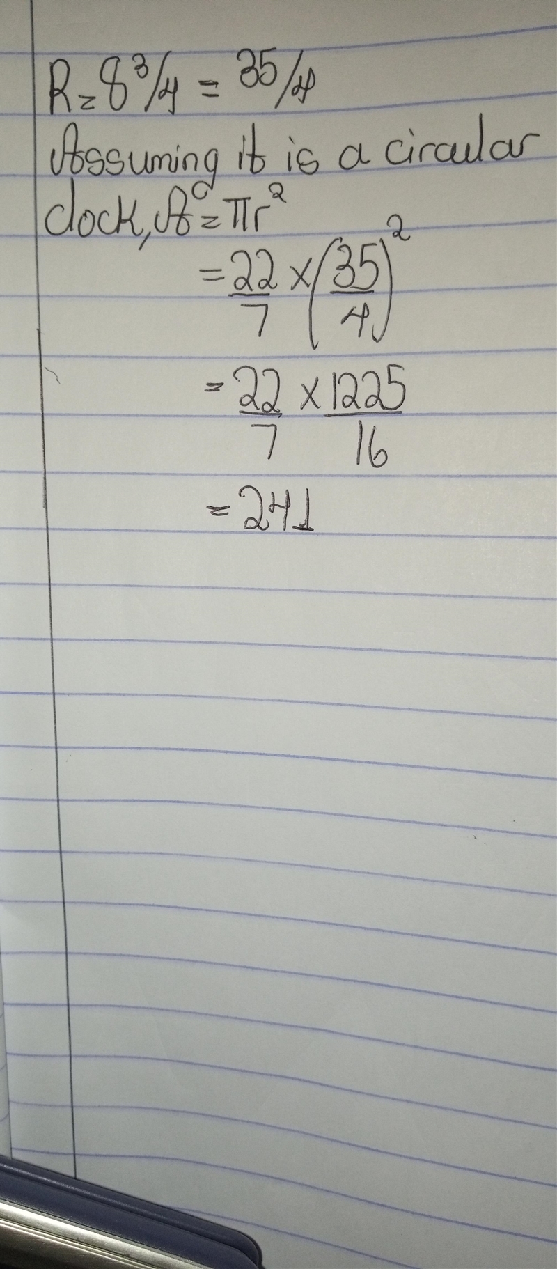 The radius of a clock is 8 3/4 in what is its area to the nearest whole number-example-1