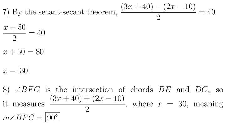 AB amd AC are secant lines. angle 40, mDE = 2x - 10 and mBC = 3x+40-example-1