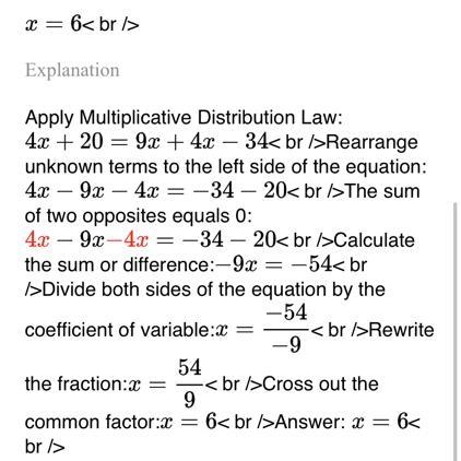 Part A: Solve the equation 4(x + 5) = 9x + 4x − 34, and show your work. (5 points-example-1