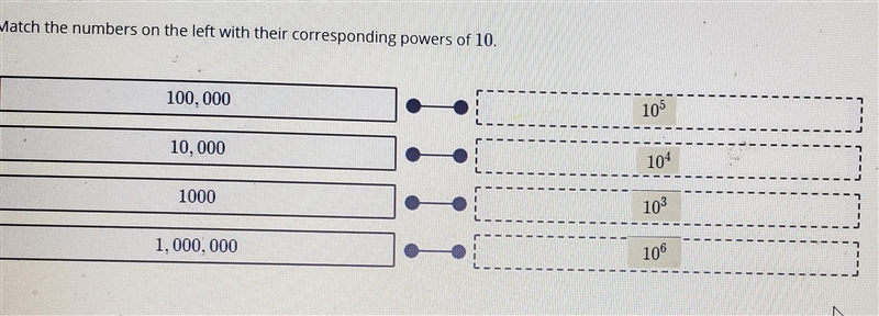 Match the numbers on the left with their corresponding powers of 10 100,000 , 10,000 , 1000 , 1,000,000 10^5 , 10^3 , 10^4, 10^6-example-1