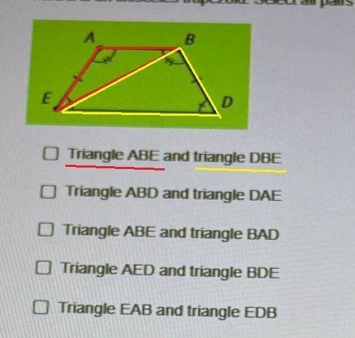 ABDE is an isosceles trapezoid.Select all pairs of congruent triangles.1. Triangle-example-1