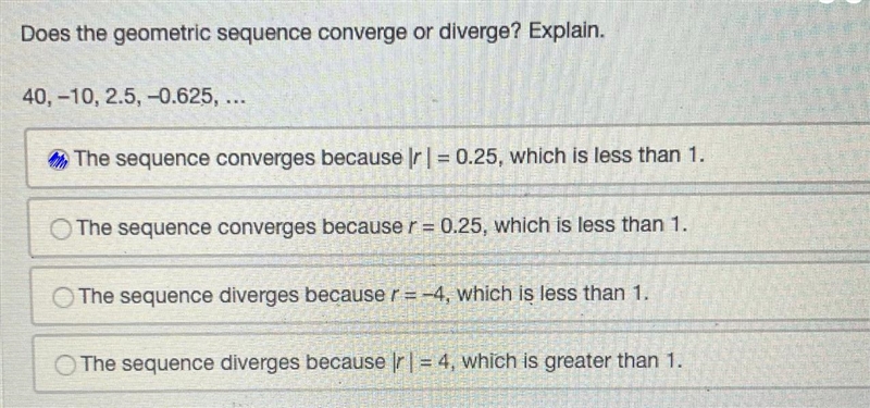 Does the geometric sequence converge or diverge? Explain. Thank you!-example-1