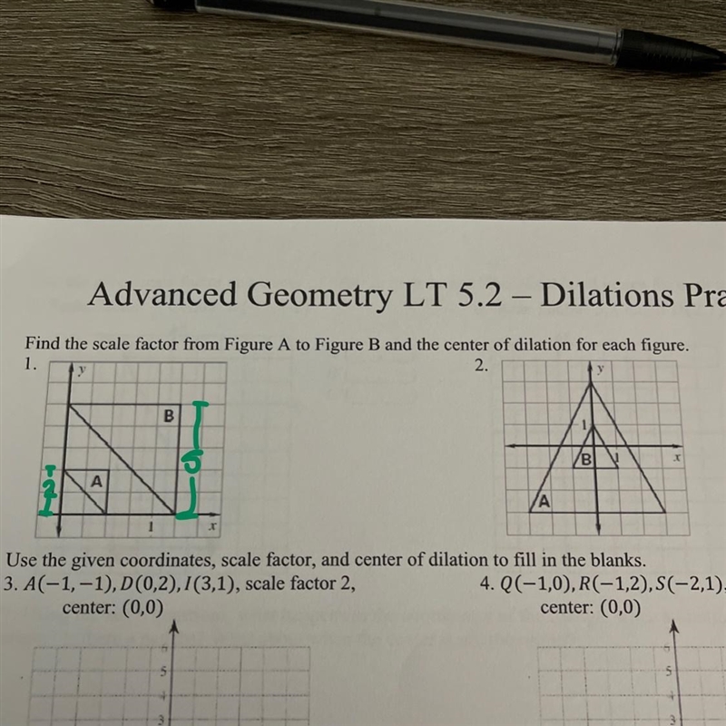 Find the scale factor from Figure A to Figure B and the center of dilation for each-example-1