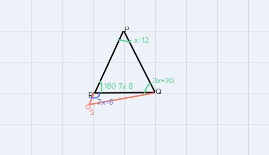 In ΔPQR, PRis extended through point R to point S, m∠QRS=(7x+8)∘ m∠RPQ= (x+12) and-example-1