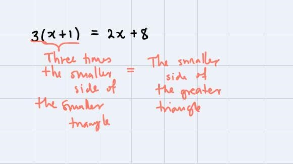 The larger triangle is a dilation of the smaller triangle find the values of x and-example-2