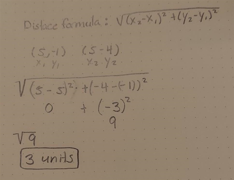 What is the distance between (5, –1) and (5, –4)? On a coordinate plane, points are-example-1