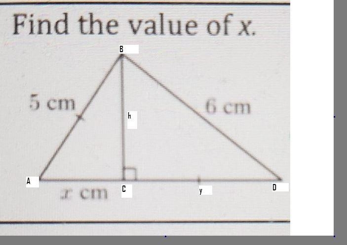 Find the value of x. 5 cm 6 cm and x cm-example-1