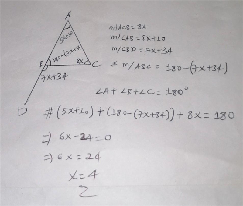 In (triangle) ABC, AB is extended to D. If m/ACB = 8x, m/CAB = 5x+10, and, m/CBD=7x-example-1