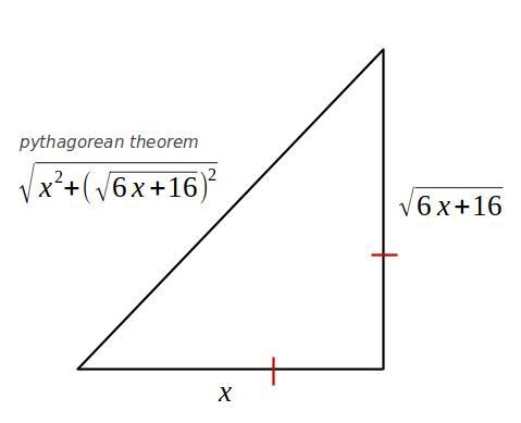 The lengths of the legs of an isosceles right triangle are x and √(6x+16) a. Find-example-1