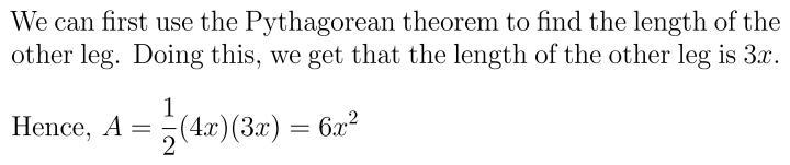 A triangle has the dimensions shown. The area of the triangle is.. A) A=6x^2 B) A-example-1