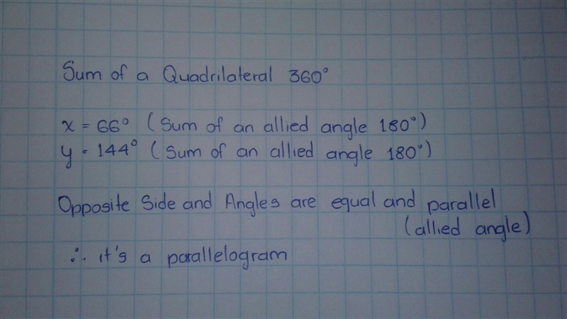 Find the values of x and y that make the quadrilateral a parallelogram.-example-1