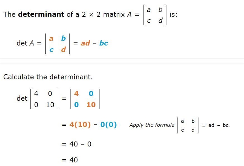 Find the determinant of this matrix: \left[\begin{array}{ccc}4&0\\0&10\end-example-1