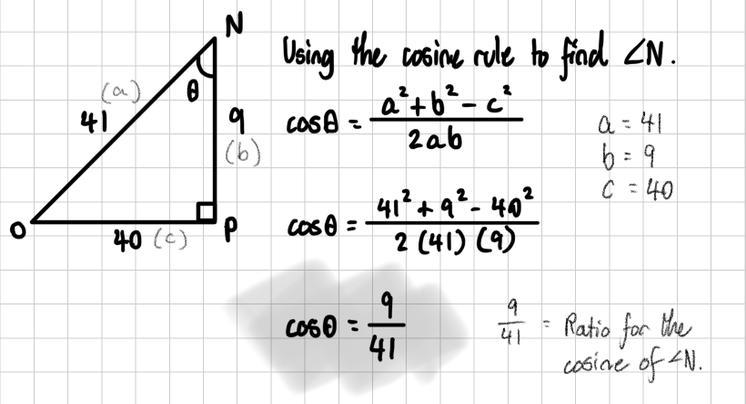 In ΔNOP, the measure of ∠P=90°, ON = 41, PO = 40, and NP = 9. What ratio represents-example-1