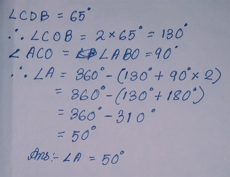 Angle A is circumscribed about circle O What is the measure of ∠ A?-example-1