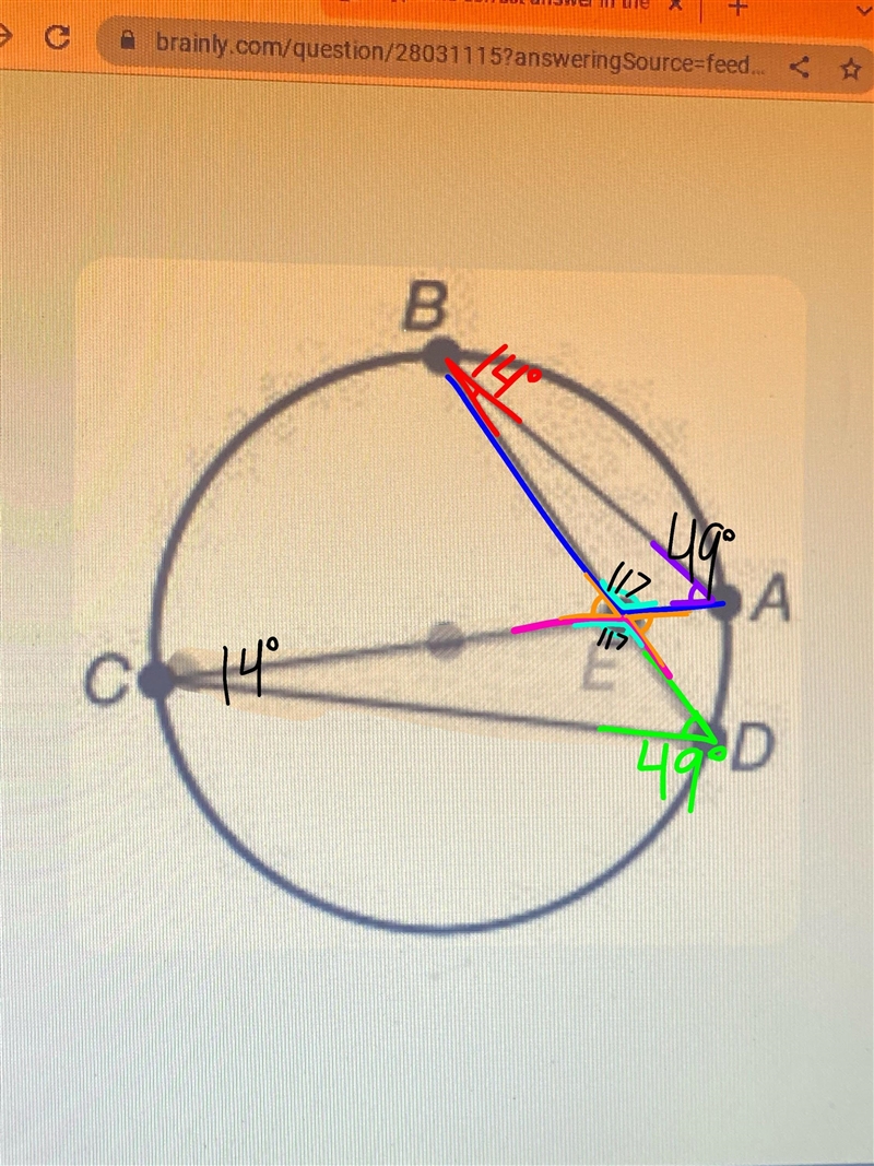 If m∠B = 14°, and m∠D = 49°, what is m∠BEA?-example-1