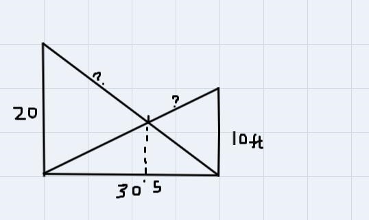 Two towers are 30 feet apart. One is 20 feet high and the other is 10 feet high. There-example-1