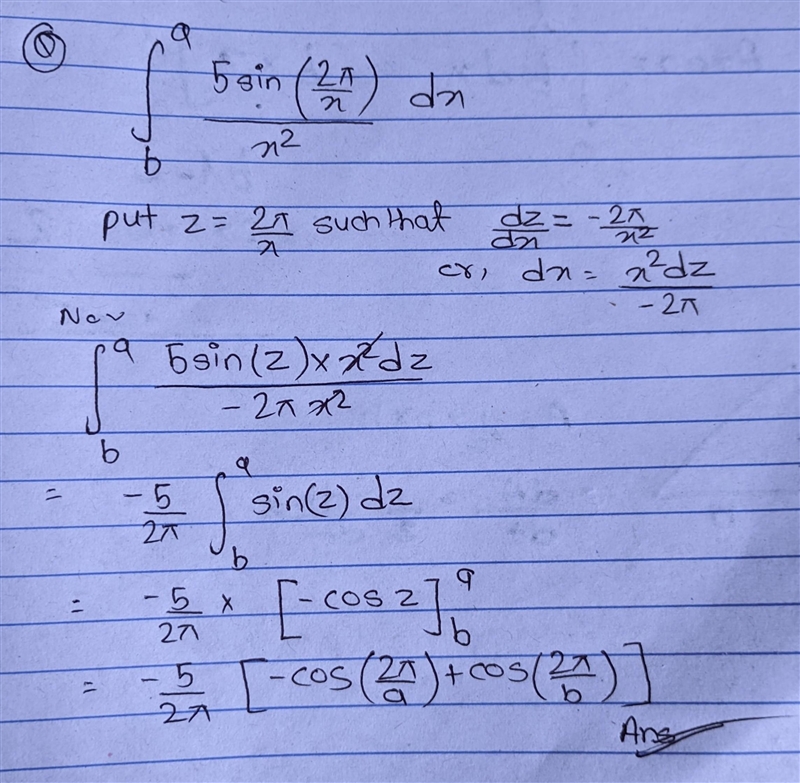 Evaluate the given integral by using substitution method:\int\limits^a_b {(5sin((2\pi-example-1