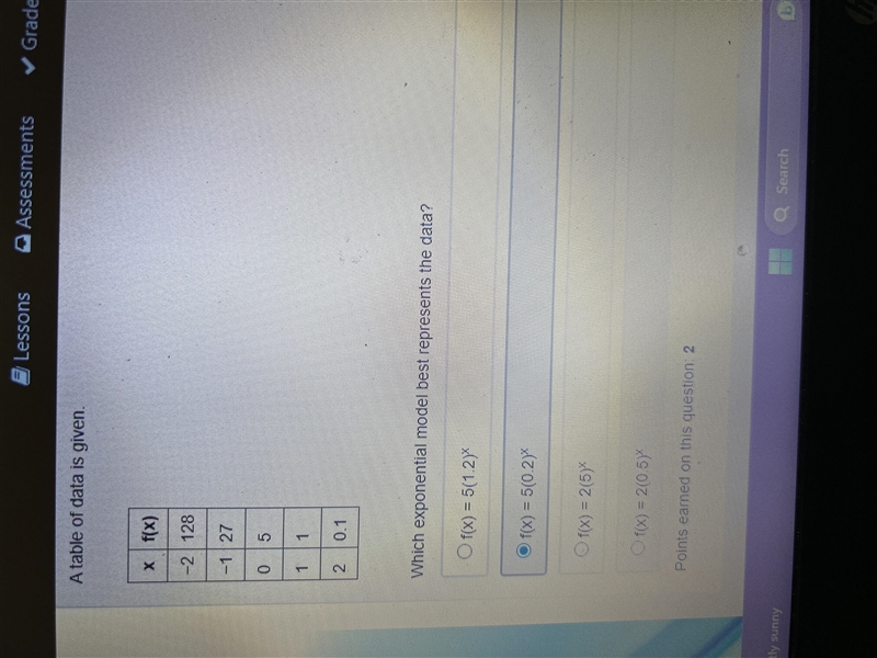 A table of data is given. x f(x) -2 128 -1 27 0 5 1 1 2 0.1 Which exponential model-example-1