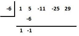 Divide the polynomial using synthetic division(p^4 +5p^3 - 11p^2 – 25p +29) ÷ (p+6)-example-2